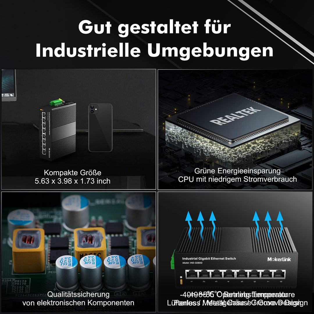 MokerLink 8 Port Gigabit Industrial DIN-Rail Ethernet Switch Hutschiene, 16Gbit/s Schaltkapazität, I