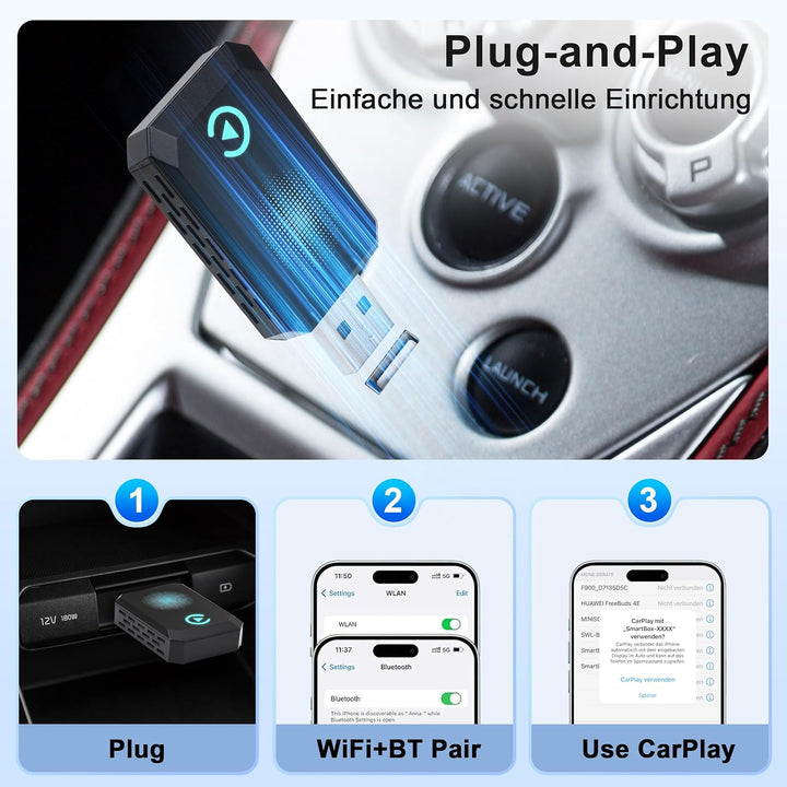 CarPlay Wireless Adapter, 2025 Upgrade Dongle Konvertiert Kabelgebunden zu Kabellos für iPhone, USB