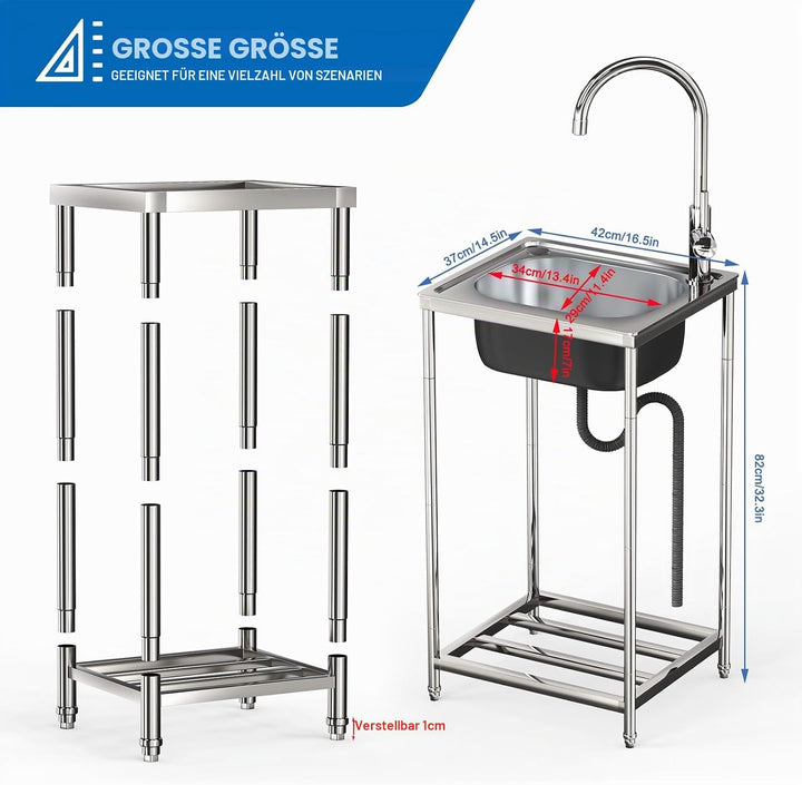 Freistehender Spültisch Edelstahl,Spülbecken Waschbecken Movable Einzelbecken Küche mit Wasserhahn W