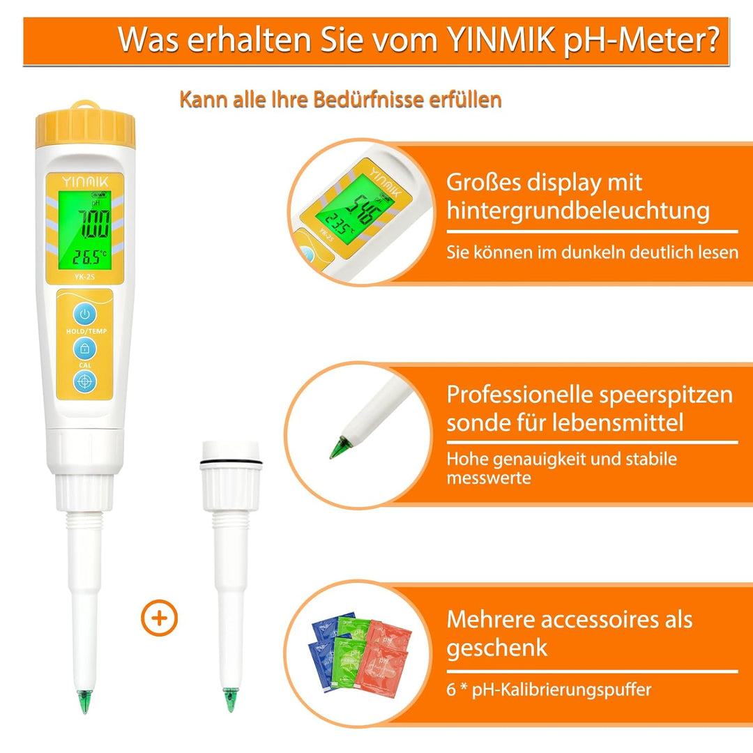 YINMIK pH Messgerät für Lebensmittel und Wasser, Präzises Digitales pH Meter für Fleisch, Käse, Saue