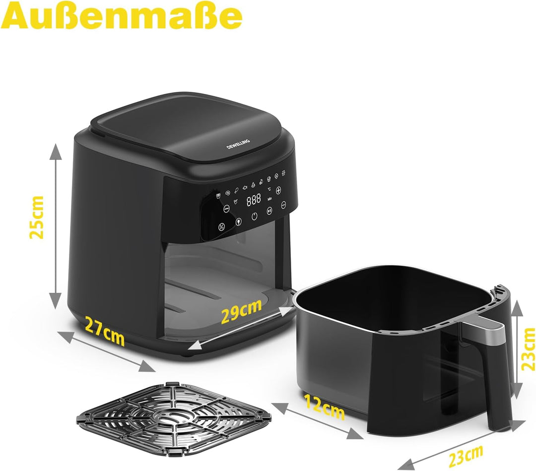 Airfryer XL 6L, Heissluftfritteuse mit Sichtfenster, Heissluftfriteuse mit Touch Screen, 9 Programme