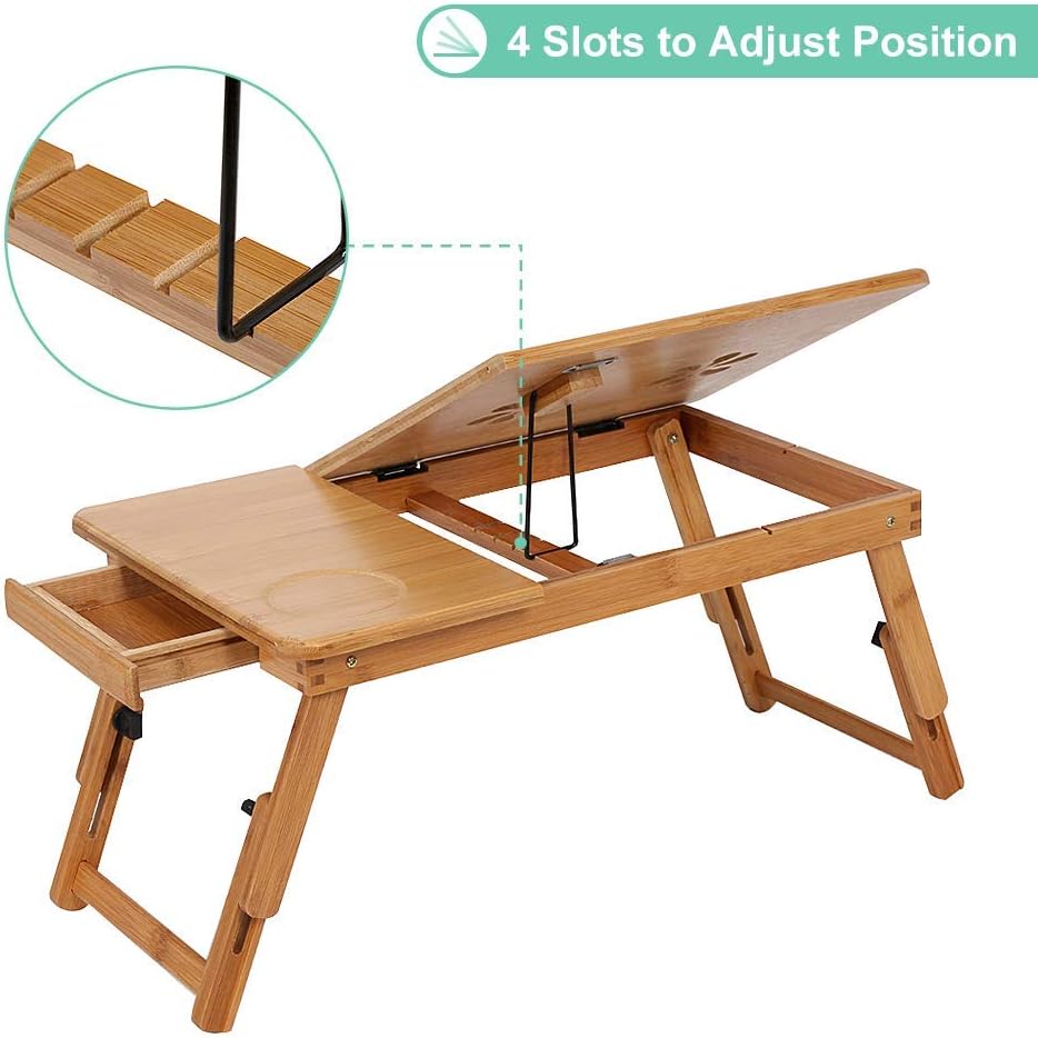 Laptoptisch als Tabletttisch fürs Bett oder Sofa aus Holz, Höhenverstellbarer Laptoptisch mit Schubl