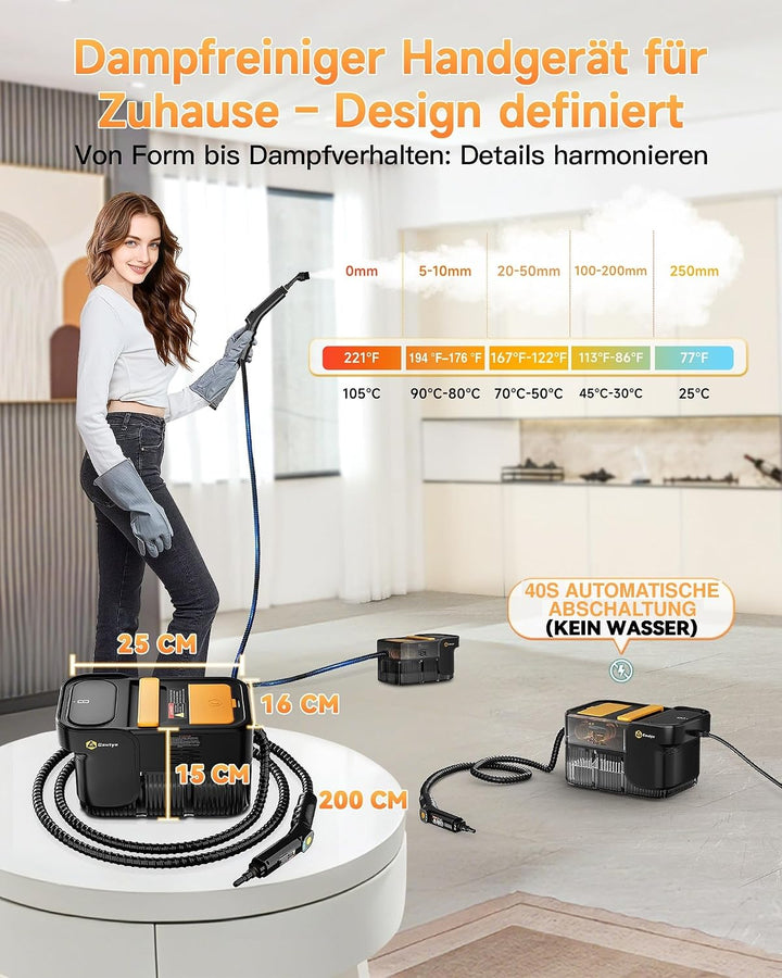 Gautye Dampfreiniger 3 stufig verstellbarer Griff, 10 Sekunden Aufheizzeit | 2L Wassertank, steam cl