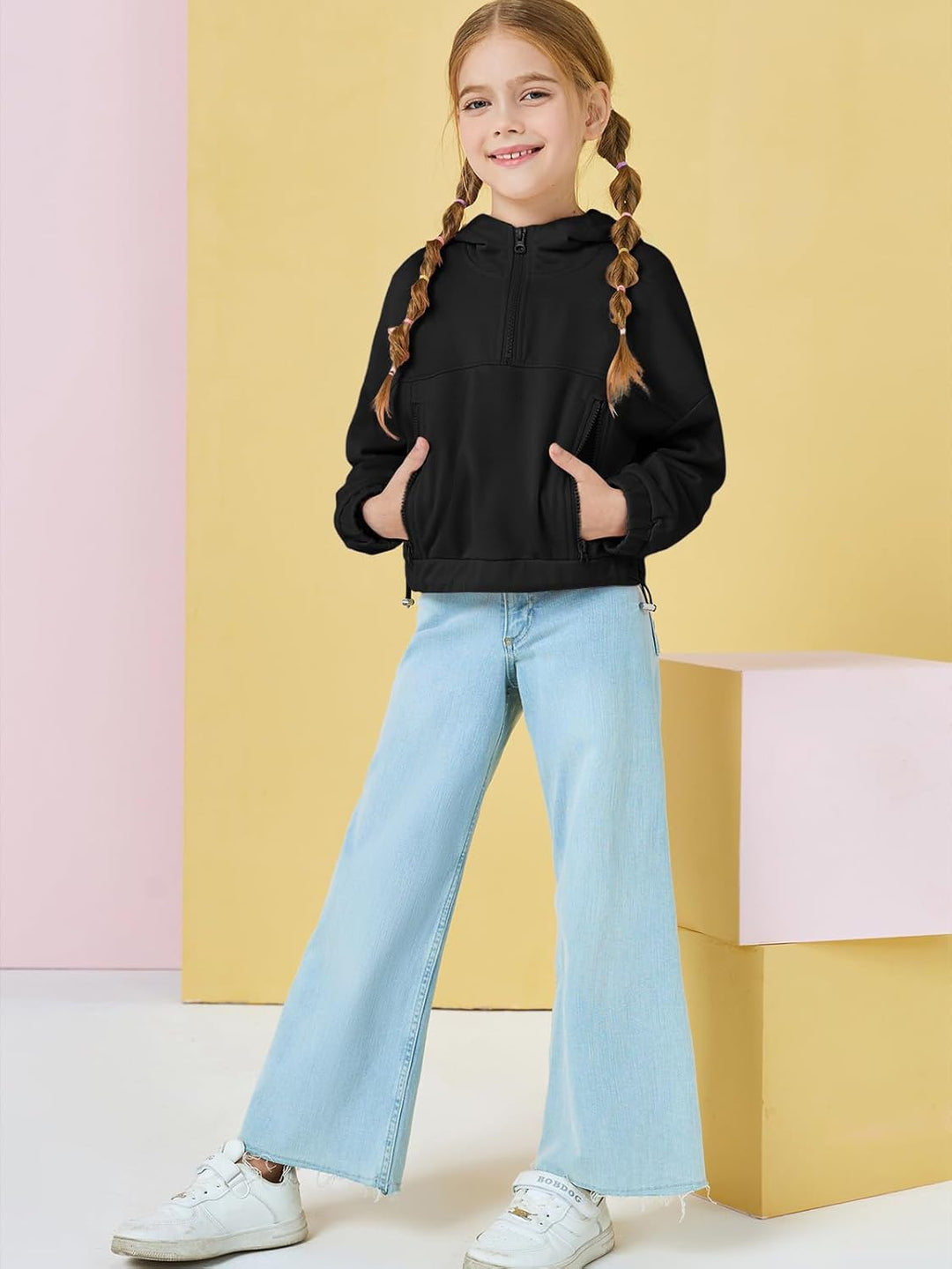 Haloumoning Mädchen Hälfte Zip Up Hoodies Kinder Mode lose Hooded Sweatshirts mit Taschen 3-14 Jahre