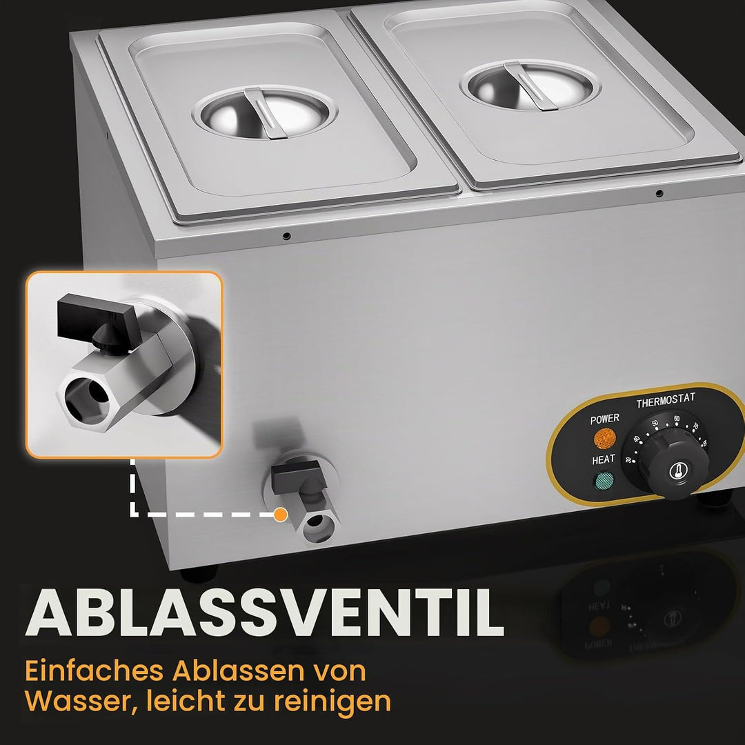 Elektrische Speisenwärmer Bain Marie Gastro GN-Behältern 1/3 * 2 Warmhalter Edelstahl mit Ablaufhahn
