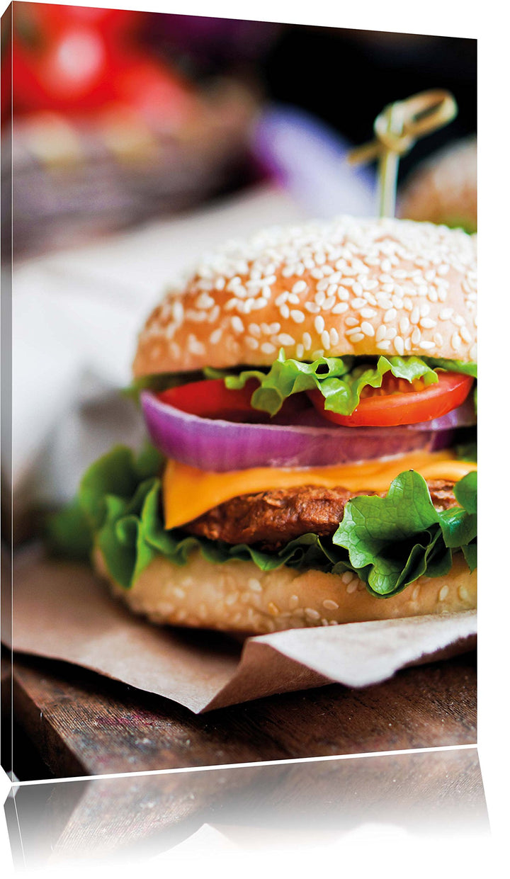 Pixxprint Burger und Pommes als Leinwandbild/Grösse: 100x70 / Wandbild/Kunstdruck/fertig bespannt, 1