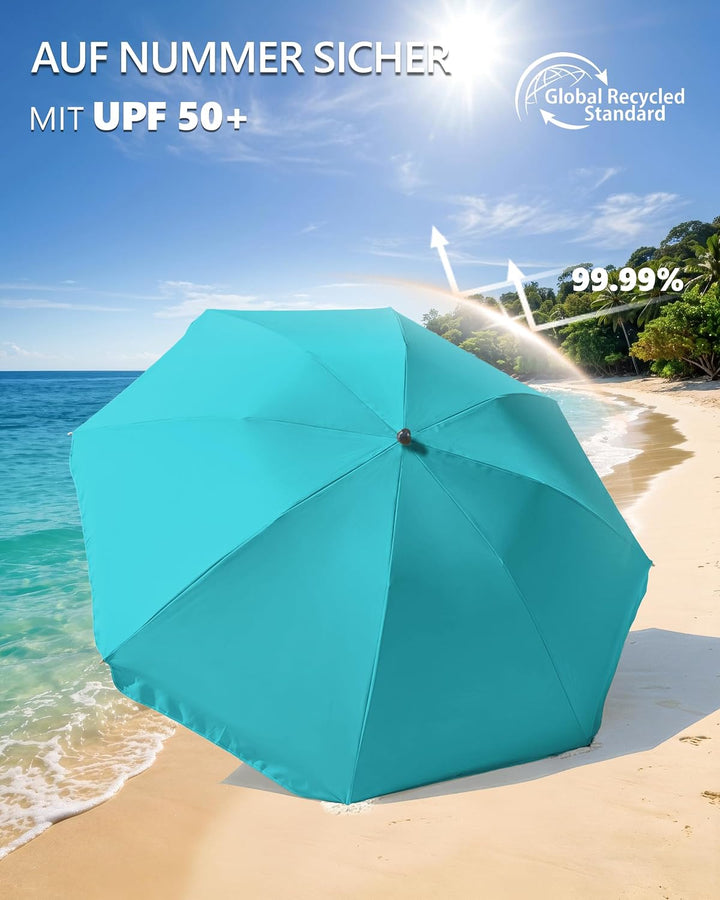 4smile Sonnenschirm Strand Ø 180 cm mit Rasendorn, 3-IN-1-SET, Türkis | Strandschirm windfest stabil