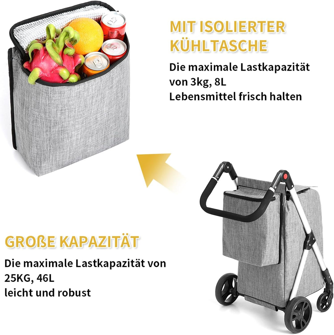 Einkaufstrolley, 46L Trolly Einkaufswagen Klappbar, 4 Rädern Aluminium Leichtgewicht Einkaufstrolley