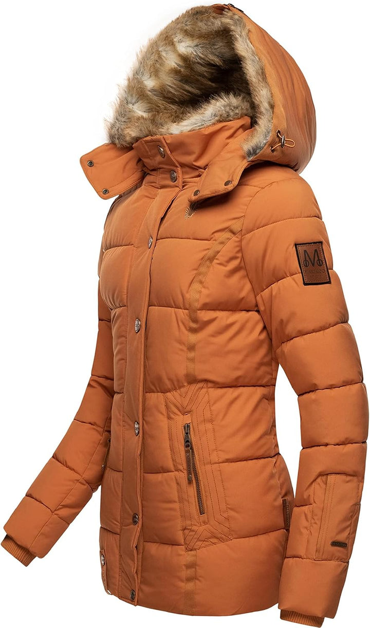 MARIKOO Damen Winterjacke warme Steppjacke mit Kunstfell Innenfutter Nekoo XS-3XL S Rusty Cinnamon,