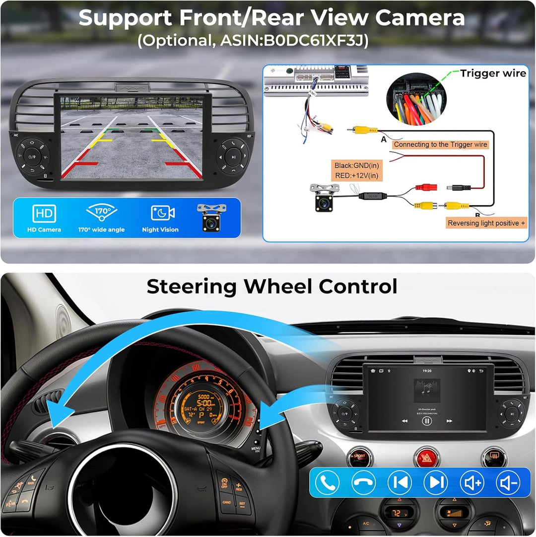 Android Autoradio für FIAT 500 2007-2015, 7-Zoll Radio 2+32GB Headunit mit kabellosem Carplay/Androi