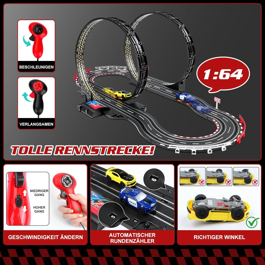 Autorennbahn Rennbahn Elektrisch Kinder, 1:64 Autobahn USB Elektrische Rennstrecke, 2 Slotcars Runde