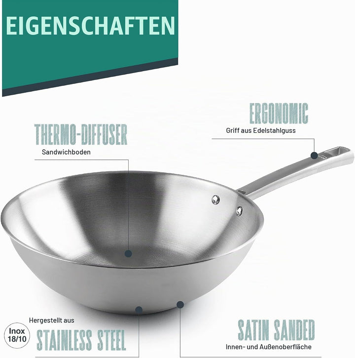 LACOR - 45828 - Wok Foodie, Edelstahl 18/10, ergonomischer Griff, Sandwich-Wärmediffusorboden, geeig