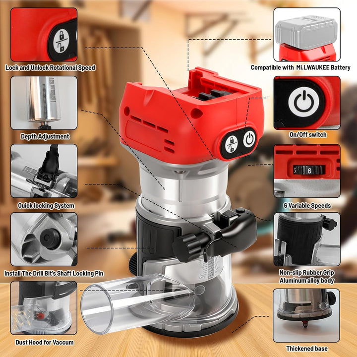 Akku Oberfräse für Milwaukee 18 V, 800 W Bürstenloser Oberfräse Trimmer Einhandfräse Kantenfräser 30