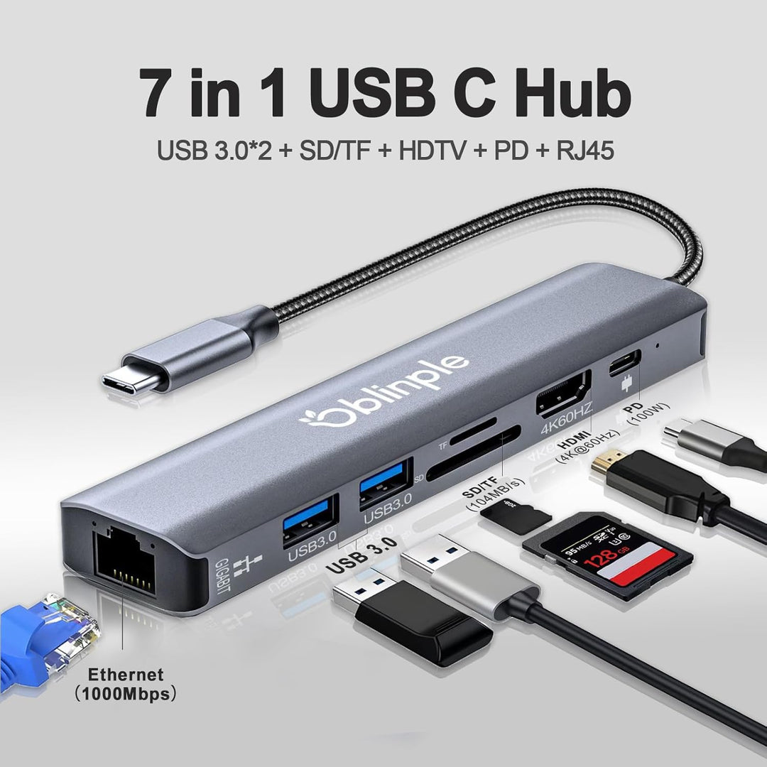 7 in 1 USB C Hub Gigabit Ethernet Adapter mit 4K@60Hz HDMI LAN RJ45 PD100W 2*USB 3.0 SD/TF Kartenles