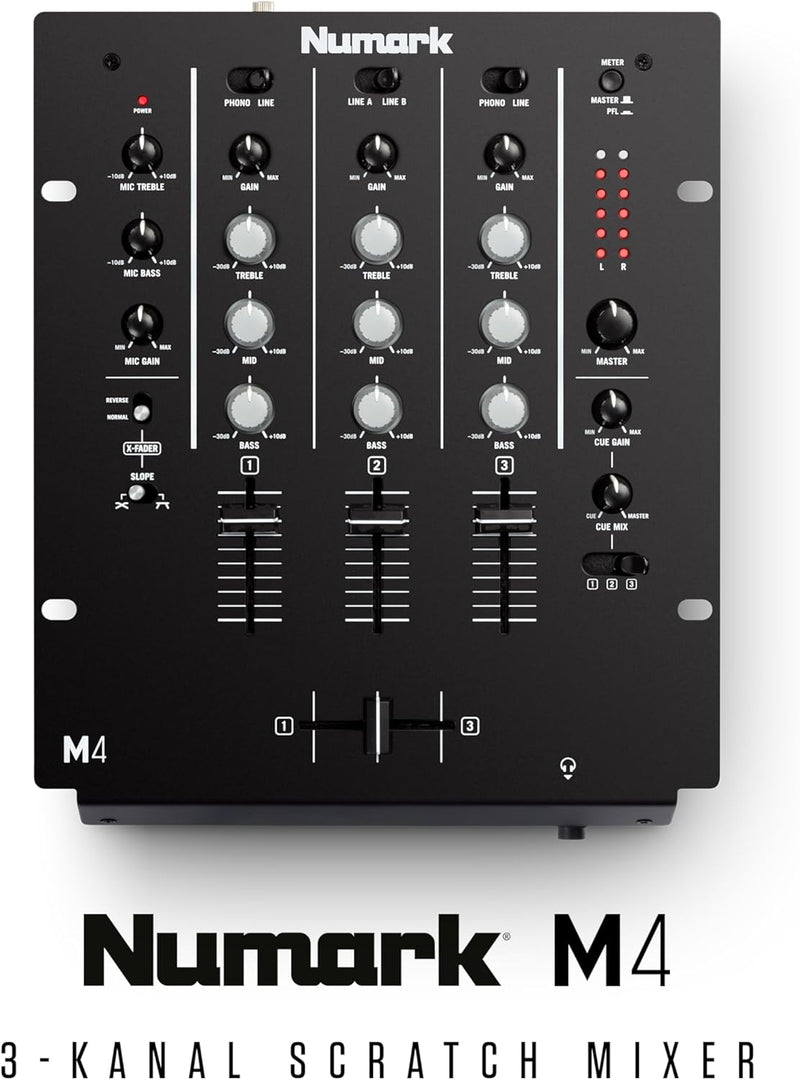 Numark M4 - 3-Kanal Scratch DJ Mixer, Rack-montierbar mit 3-Band EQ, Mikrofoneingang und austauschba