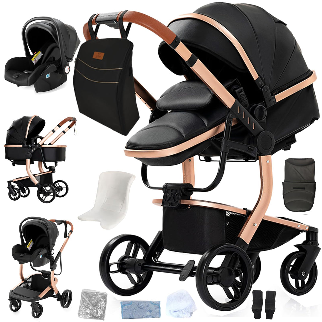 PU-Leder Kinderwagen 3 in 1, Kombikinderwagen 3 in 1 mit Zwei Umkehrbaren Schiebemodi, Kinderwagen S