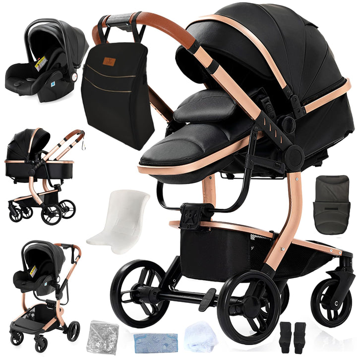 PU-Leder Kinderwagen 3 in 1, Kombikinderwagen 3 in 1 mit Zwei Umkehrbaren Schiebemodi, Kinderwagen S
