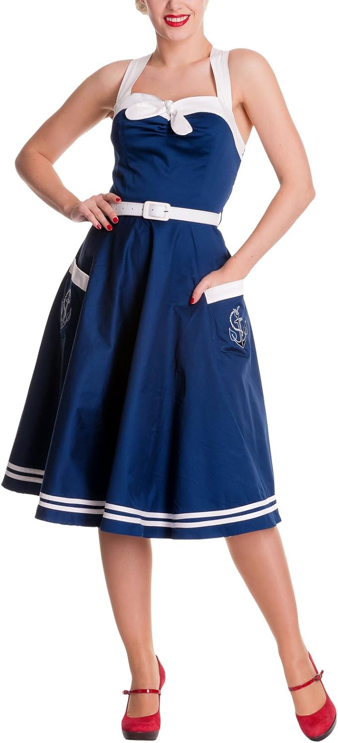 Rockabilly Kleid 50er Stil blau Siren Gürtel Anker Motiv schwingender Rock Bunny - L