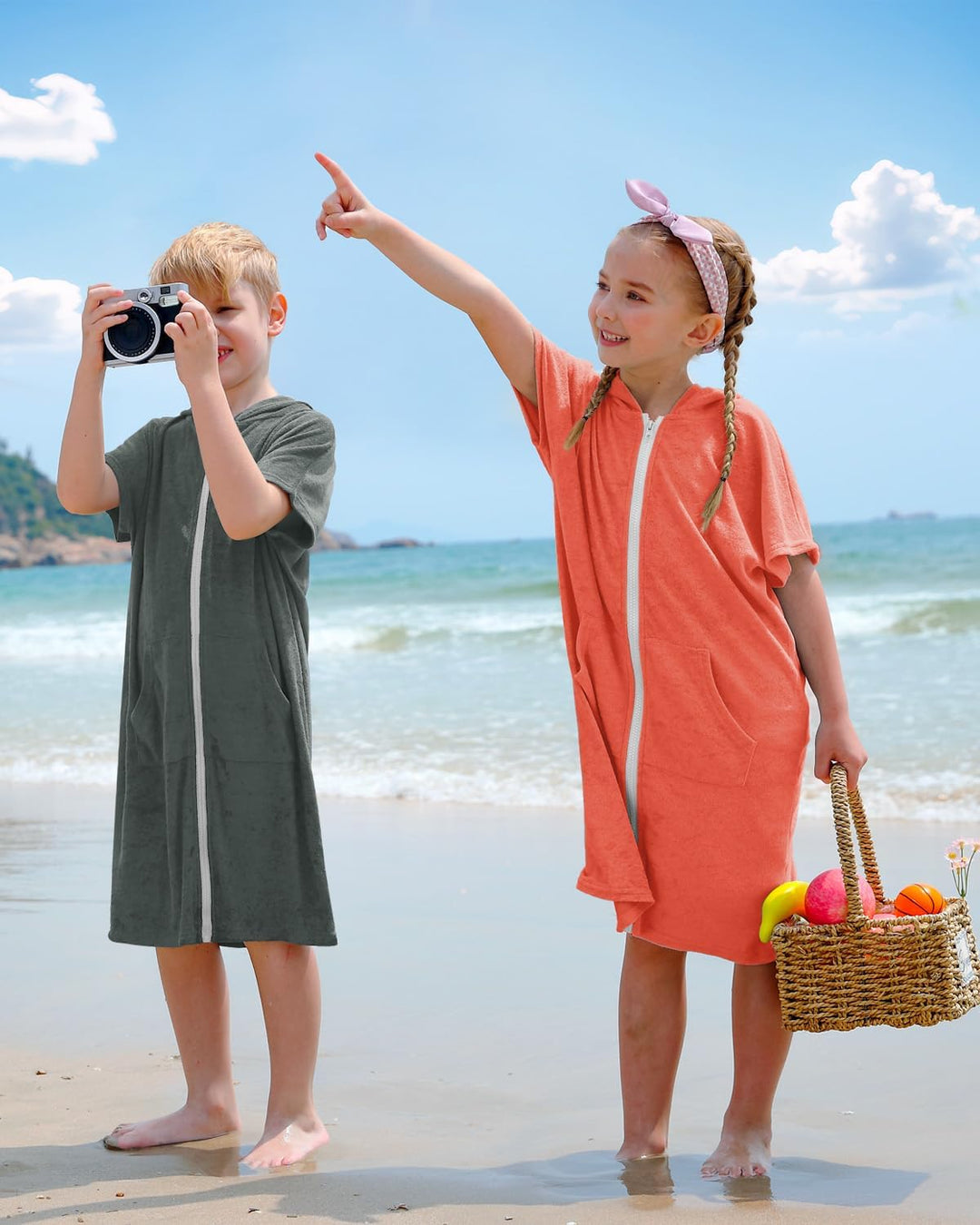 BesserBay Mädchen Badeponcho Kapuze Poncho mit Taschen Zip Cover Up Kinder Unisex 120-160 130 Orange