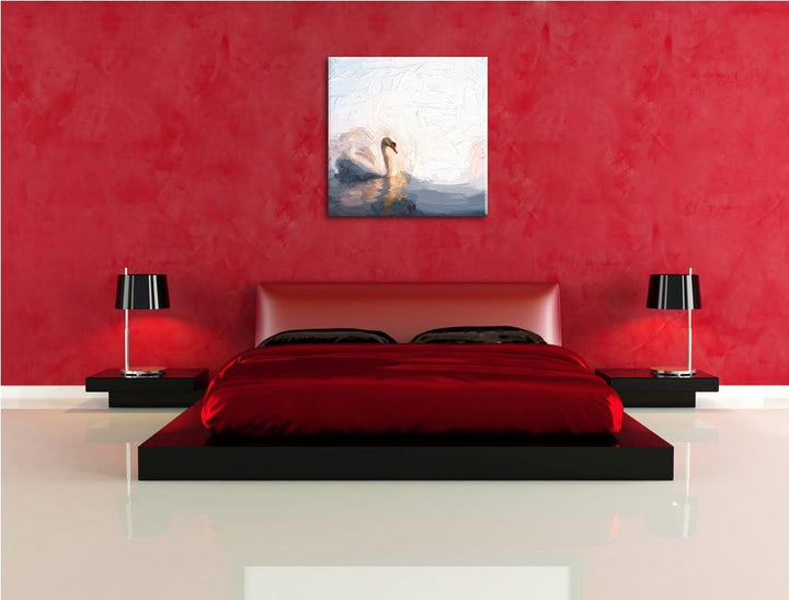 einsamer Schwan auf See, Format: 70x70 auf Leinwand, XXL riesige Bilder fertig gerahmt mit Keilrahme