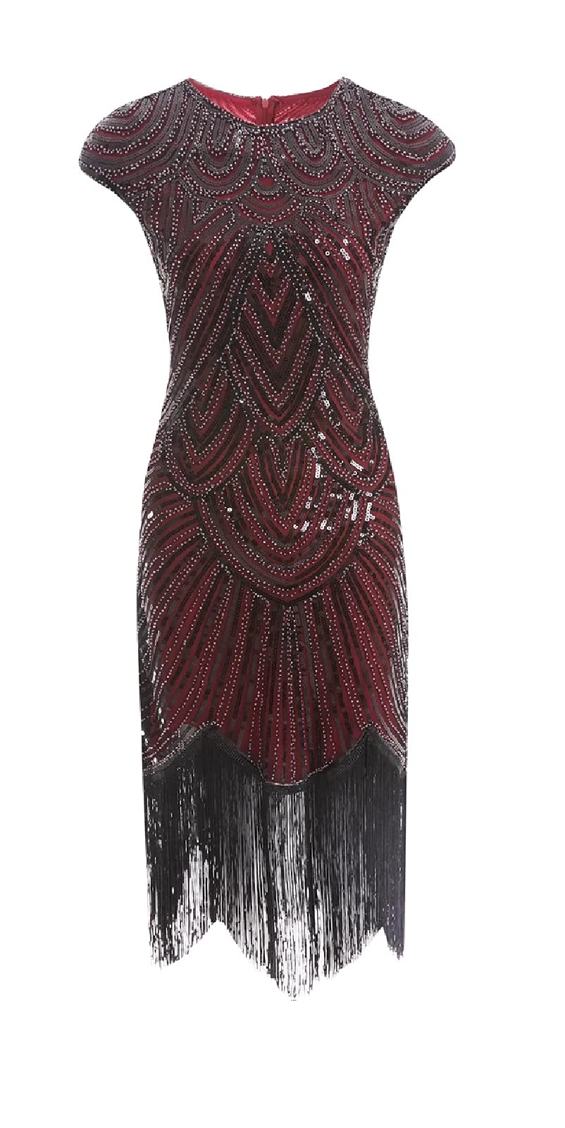 MIMIKRY 20er Jahre Charleston Pailletten Kleid Rot/Schwarz mit Fransen Flapper Damen-Kostüm S Rot/Sc