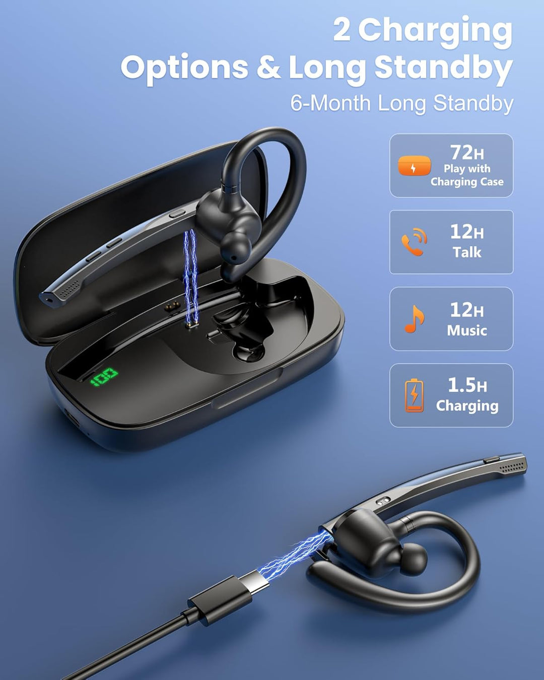 New Bee Bluetooth Headset mit 72h Spielzeit Bluetooth V5.1 Freisprech Headset Handy mit LED Ladecase