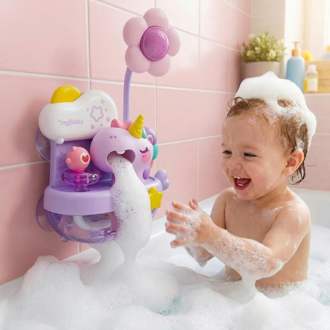 Schaum-Einhorn mit Babydusche, Badespielzeug mit Seifenblasen, Badewannenspielzeug, Baby Wasserspiel