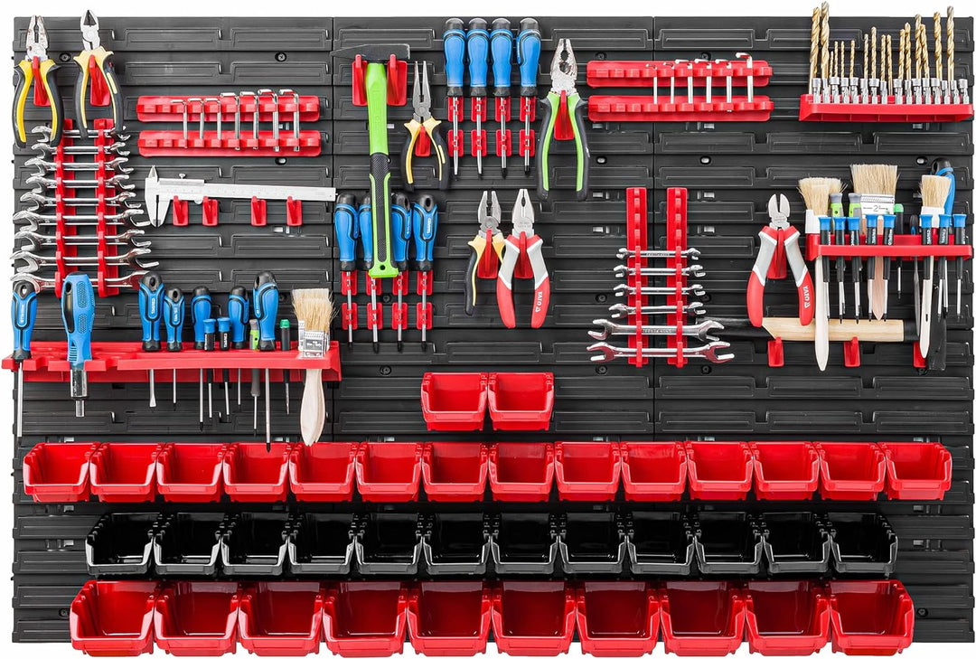 Lagersystem Werkstattregal | 117 x 78 cm | 38 stck. Box | Wandregal mit Werkzeughalterungen und Stap