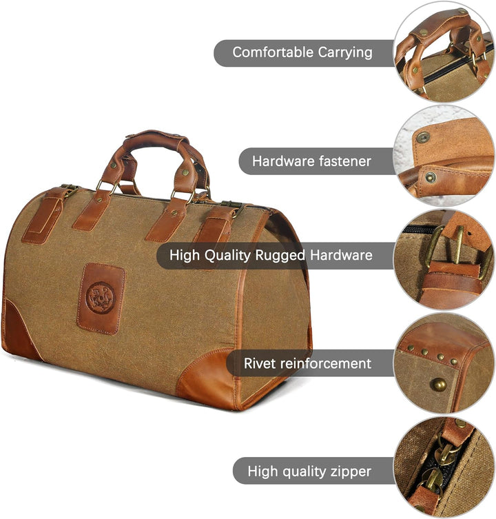 Wasserabweisend Canvas Crazy Horse Leder Reisetasche 35L Trim Unisex Handgepäck Weekender Tasche Spo