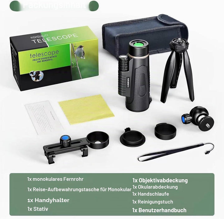 Monokular Teleskop 12x50, HD Monokulars Fernglas mit Smartphone Halterung Stativ, FMC BAK4 Prisma Wa