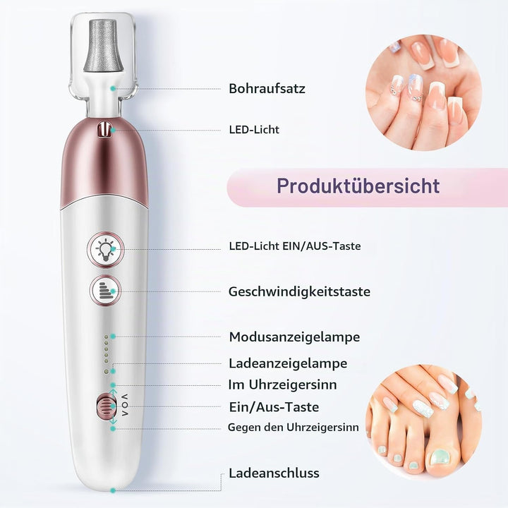 Maniküre Pediküre Set mit 9 Aufsätze,Tragbare Elektrische Nagelfeile 2000 mAh Wiederaufladbare Elekt