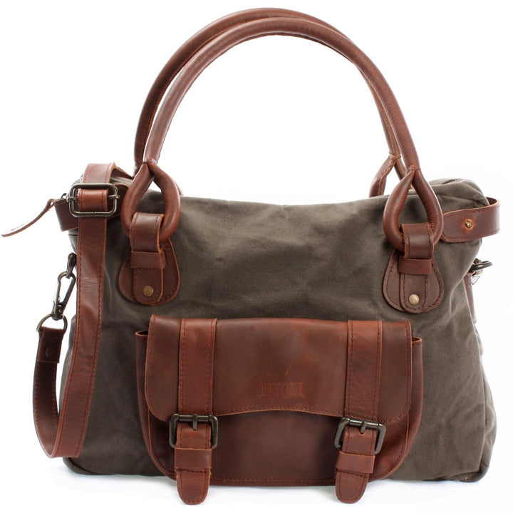LECONI Henkeltasche Canvas + Echtleder Damentasche Retro-Look Handtasche Damen Vintage Schultertasch