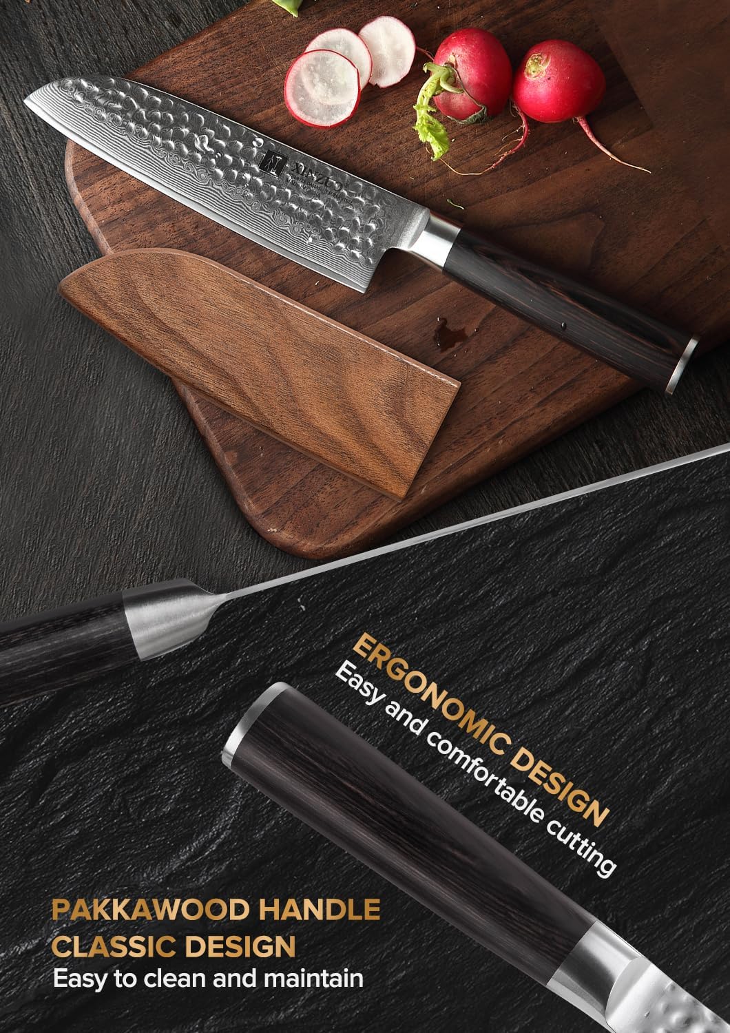 XINZUO 17.6cm Damaskus Santokumesser, Profi Damastmesser Kochmesser 67 Schichten Damaststahl Chefmes