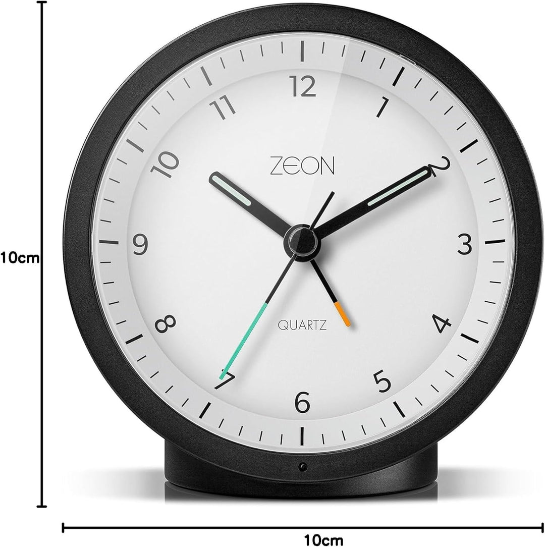 ZEON runder analoger Wecker mit Licht- und Schlummerfunktion, geräuschloser, batteriebetriebener Nac