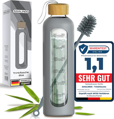 Amalindo Trinkflasche Glas 1L Bruchsicher (Borosilikatglas) - Glasflasche 1 Liter Schraubverschluss