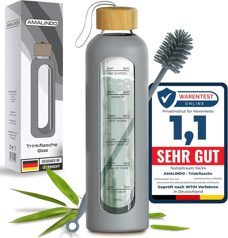 Amalindo Trinkflasche Glas 1L Bruchsicher (Borosilikatglas) - Glasflasche 1 Liter Schraubverschluss