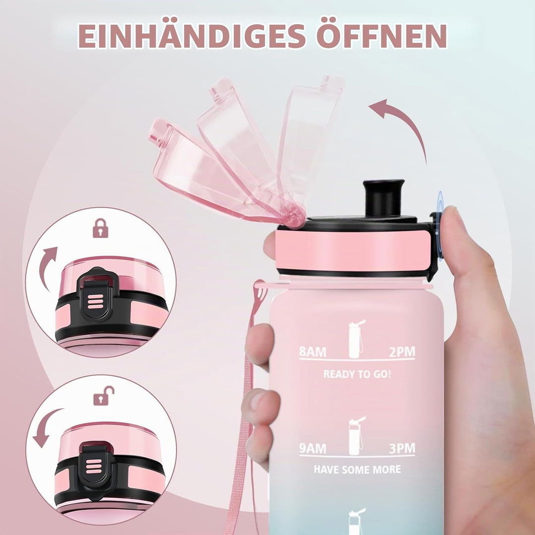 HoneyHolly Trinkflasche 1L, Zeitmarkierung, Wasserflasche, Auslaufsicher, Trinkflasche Sport, Wieder
