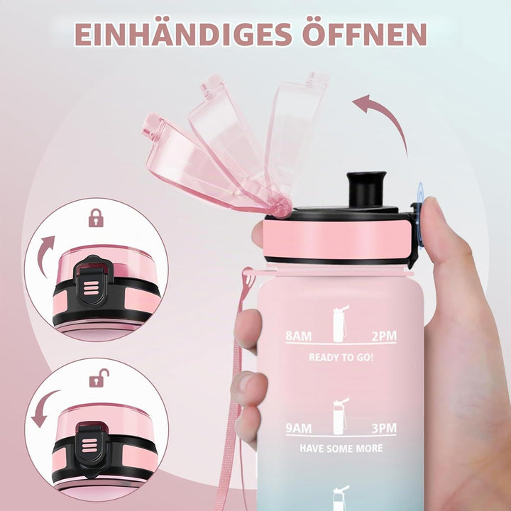 HoneyHolly Trinkflasche 1L, Zeitmarkierung, Wasserflasche, Auslaufsicher, Trinkflasche Sport, Wieder