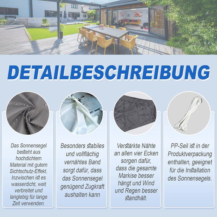 Sunnylaxx 3x4m Sonnensegel Rechteckig, Wasserdicht Sonnenschutz Sunsegel Color Anthrazit, 95% UV-Sch