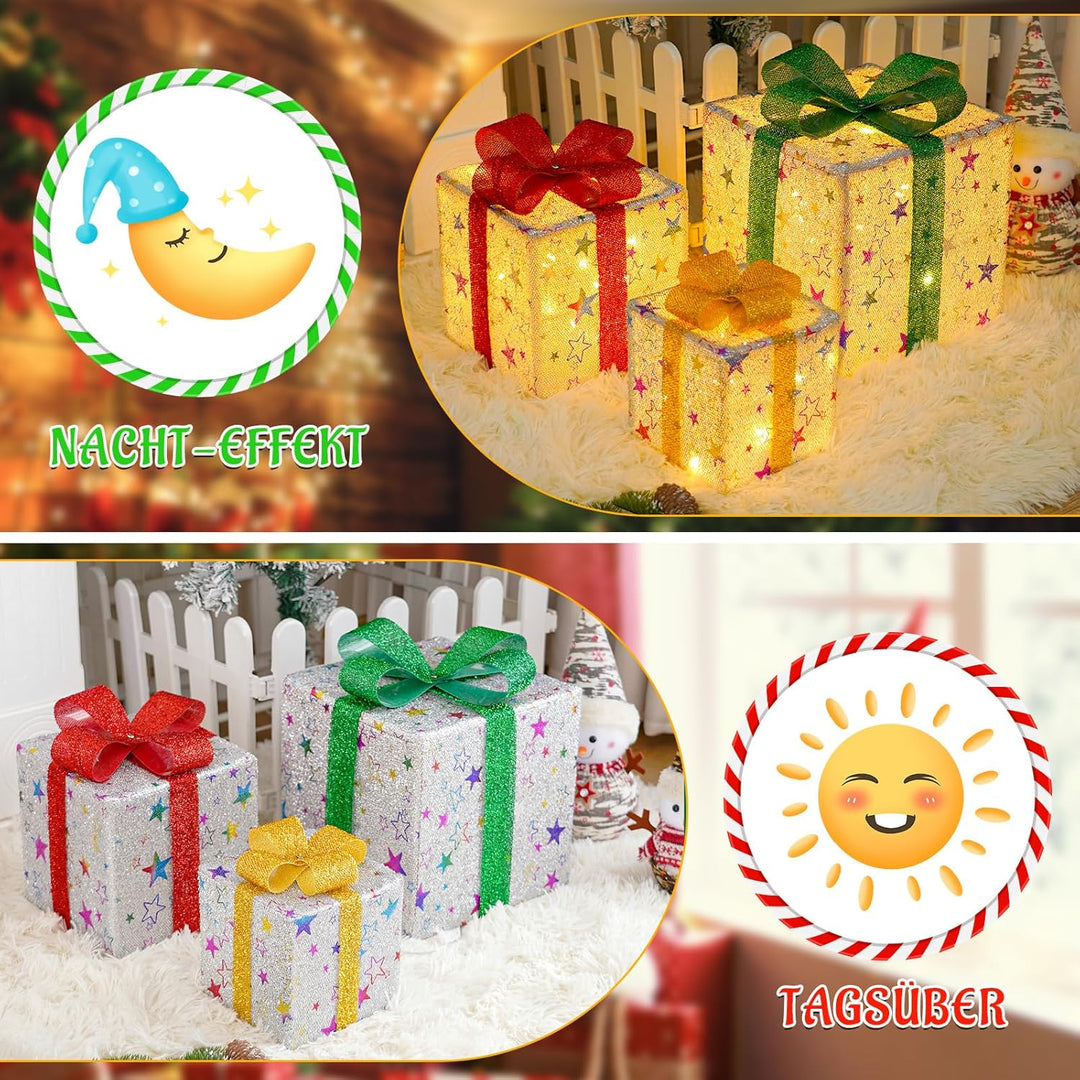 JONRRYIN LED Geschenkbox Weihnachten, 3er Set LED Deko Geschenkbox mit Fernbedienung, Timer, 8 Blitz