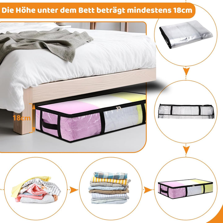 6 Stück 60L Unterbett Aufbewahrungsbox mit Deckel, Transparente Unterbettkommode Faltbare Aufbewahru