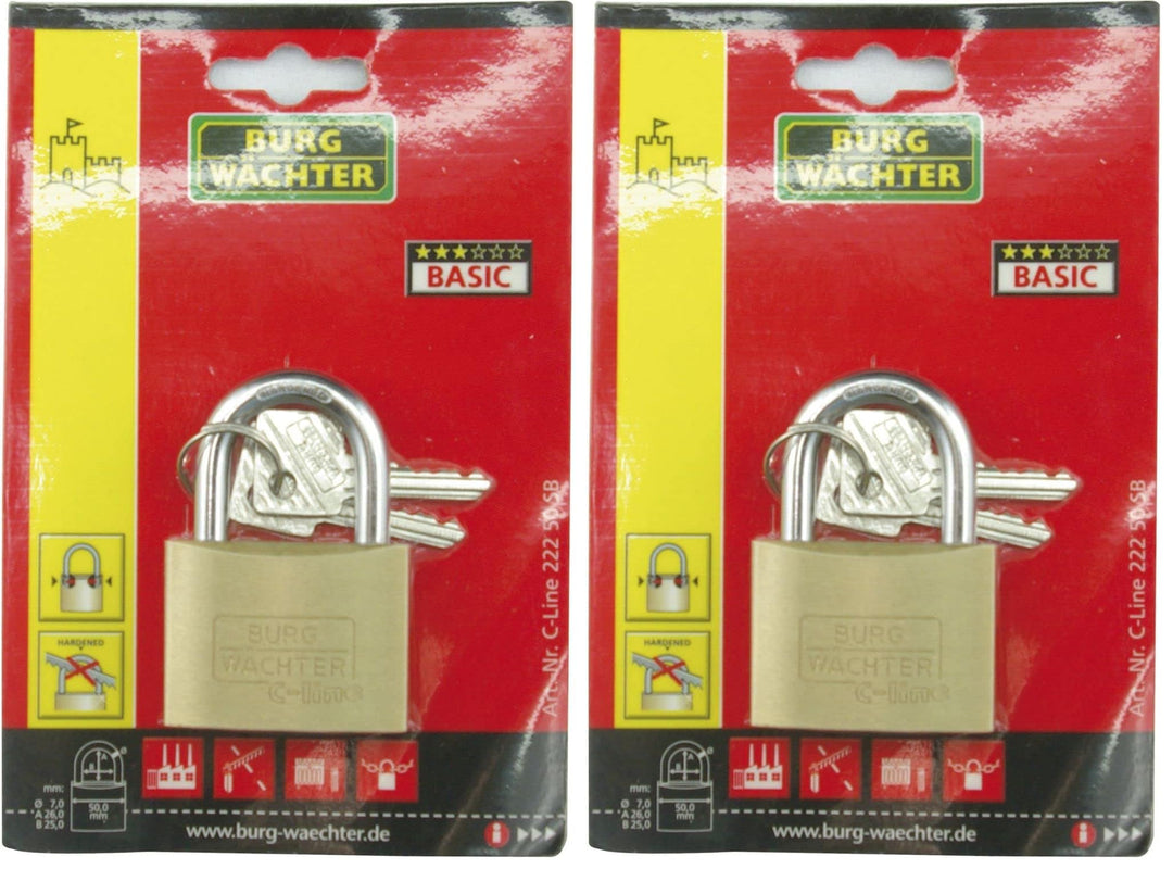 Burg Wächter Vorhängeschloss, C-Line 222 60 SB, inkl. 2 Schlüssel, Messing 60 mm (Packung mit 2) 60
