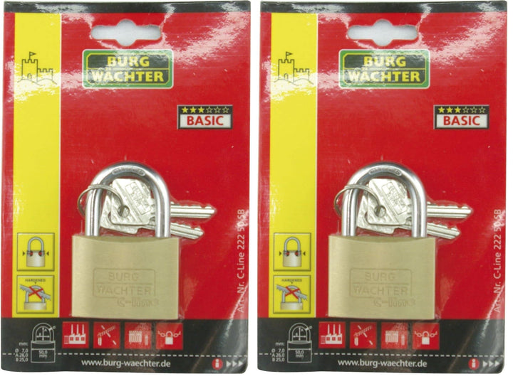 Burg Wächter Vorhängeschloss, C-Line 222 60 SB, inkl. 2 Schlüssel, Messing 60 mm (Packung mit 2) 60