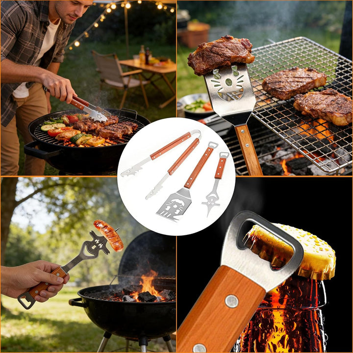Grillbesteck Set 3-teilig Extra Lang – Edelstahl Grillbesteck mit Holzgriff & Tasche, Grillzubehör m