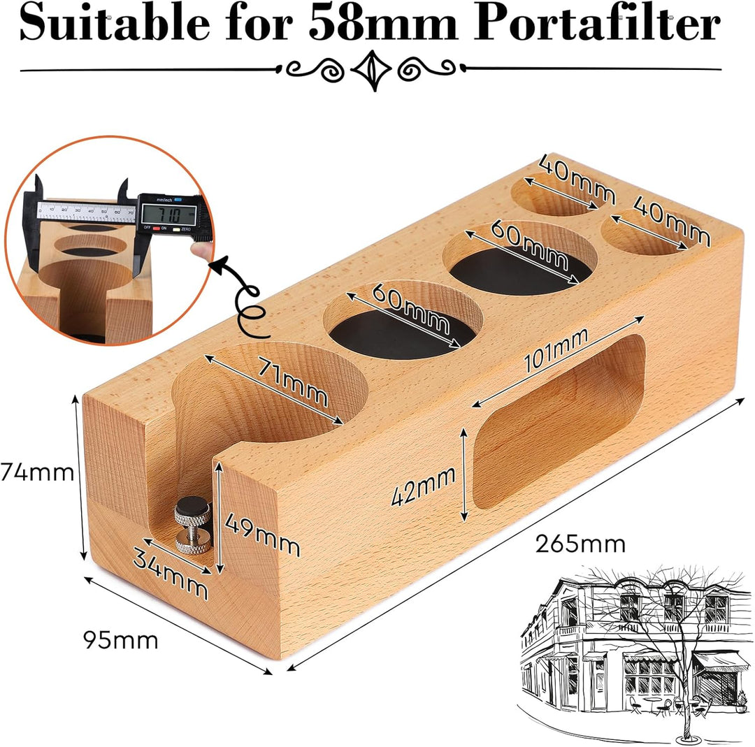 Tamper Station Holz für 58mm Siebträger, Höhenverstellbare Espresso Tamping Station 58mm für Barista