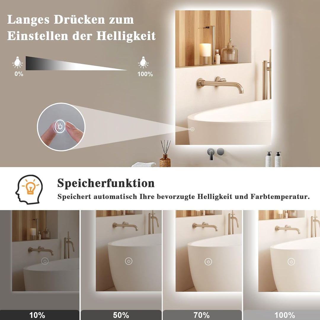 Archaluxe Badspiegel-mit-Beleuchtung 50x70cm - Badezimmerspiegel LED Badezimmer Spiegel mit Beleucht