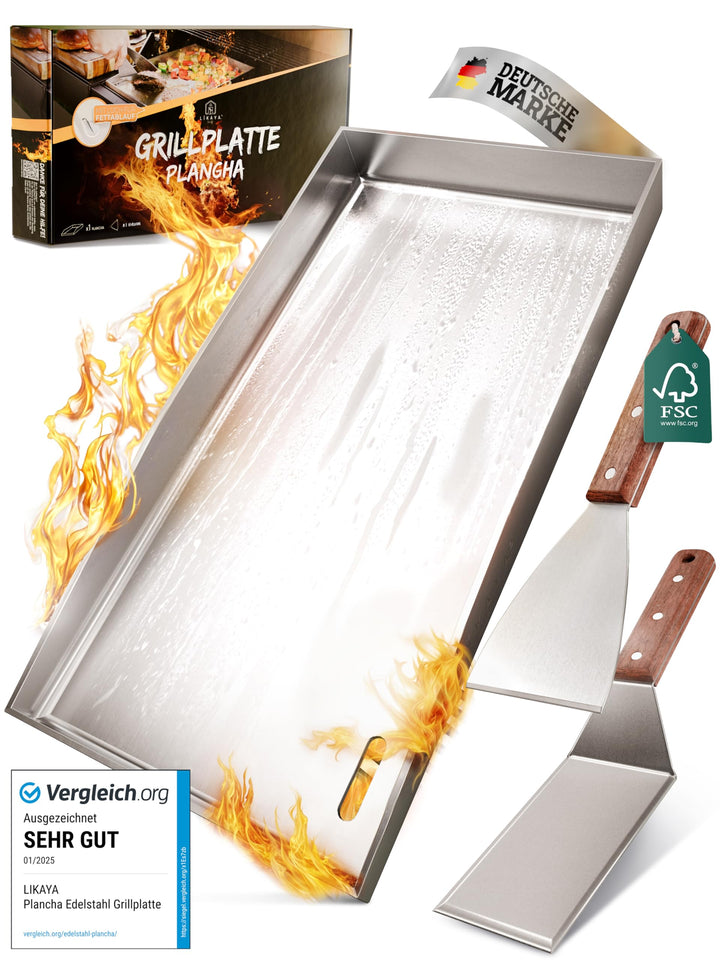 LIKAYA Plancha Edelstahl Grillplatte [20x40cm] – Verzugsfreier 4mm Edelstahl inkl 2x Grillspachtel m