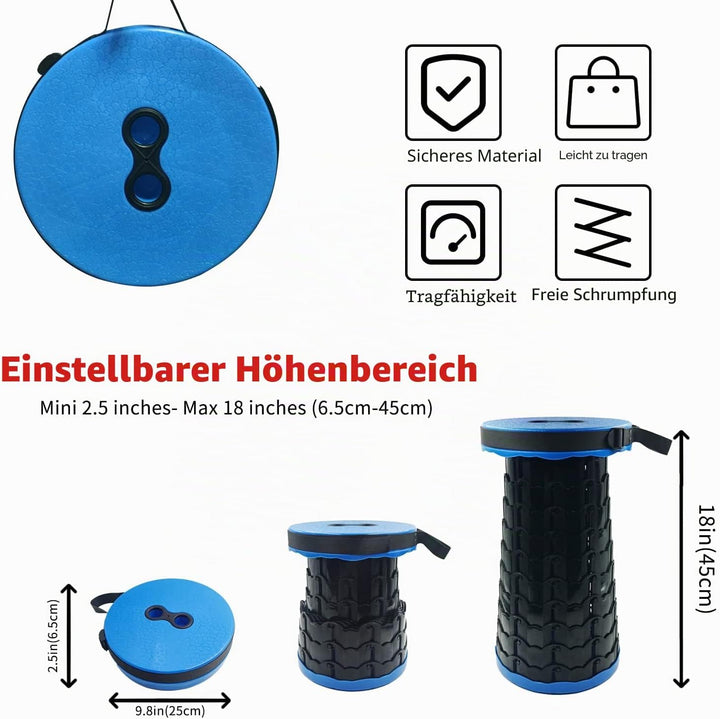 Campinghocker Tragbarer Klapphocker Faltbar, Blau Teleskophocker Einziehbarer Sitz für Camping, Gril