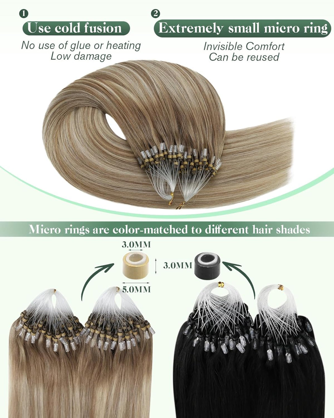Ugeat 50cm Micro Loop Extensions Echthaar Balayage 9A/60/9A Hellbraun mit Platinblond Echthaar Verlä