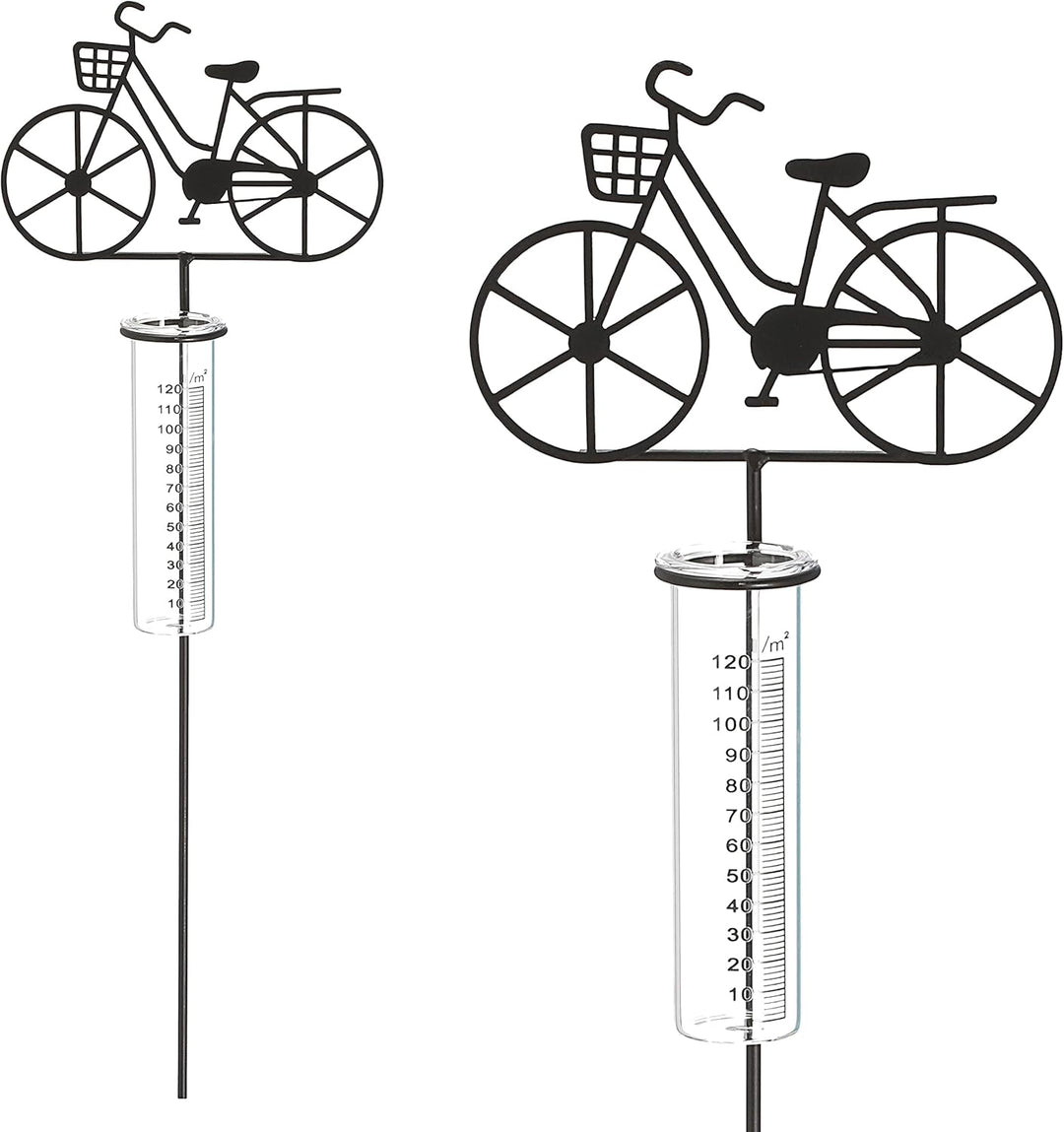 Cepewa Gartenstecker Regenmesser Fahrrad │ 18x90x5,5cm Metall Glas │ Messzylinder Niederschlagsmesse